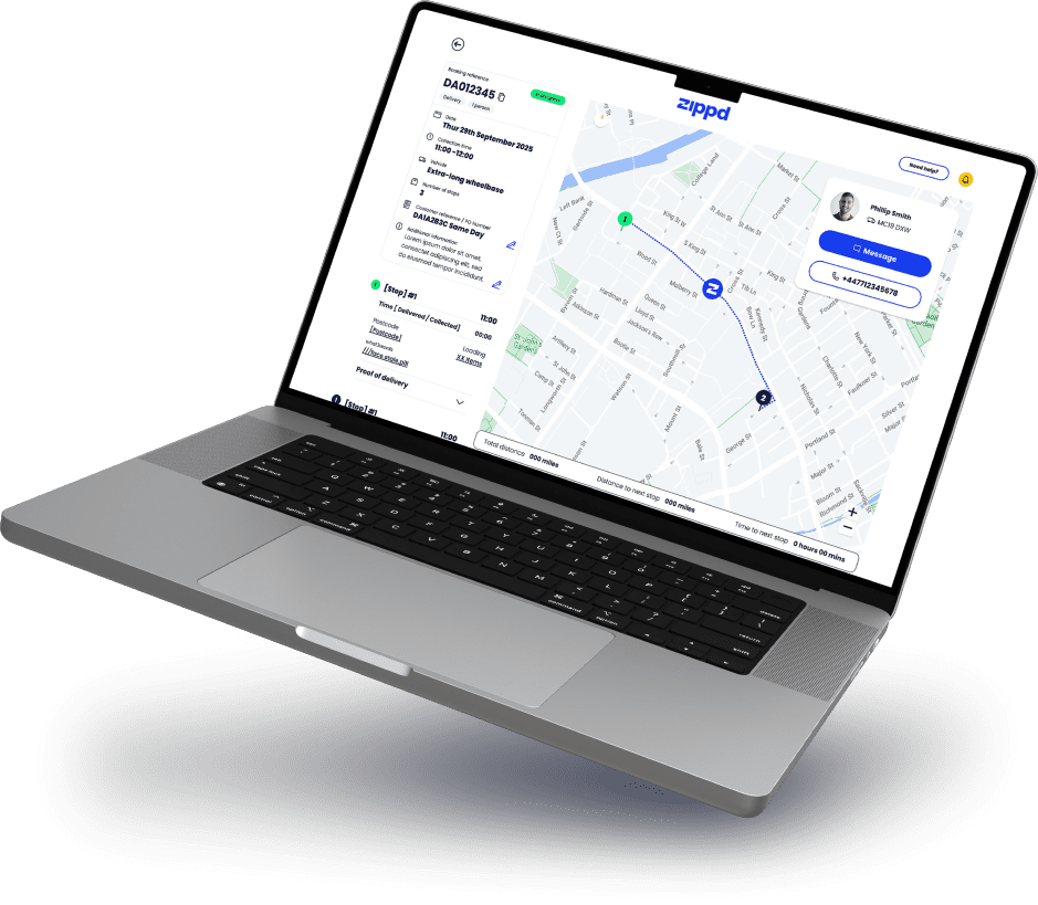 Laptop with Zippd tracking page shown, highlighting the driver's live location