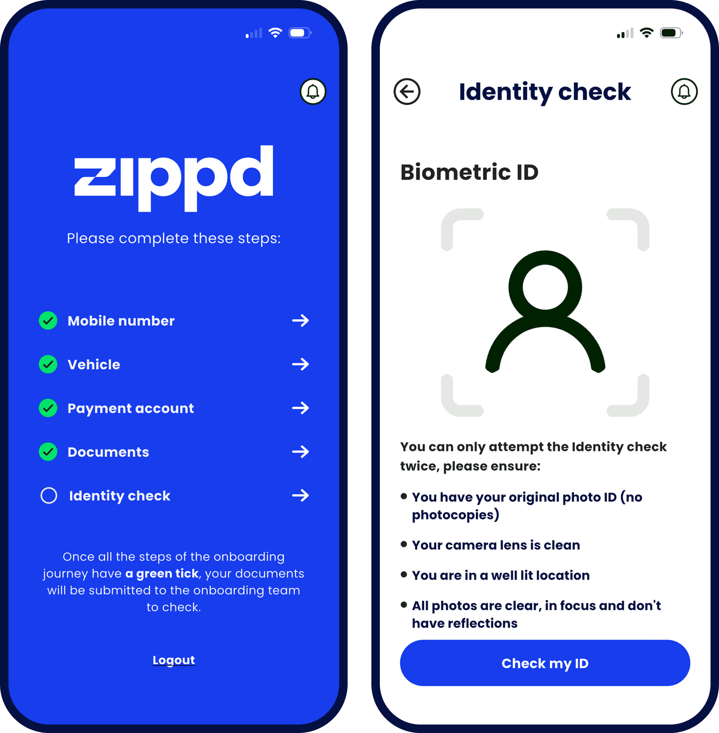 Biometric ID check within the Zippd mobile app
