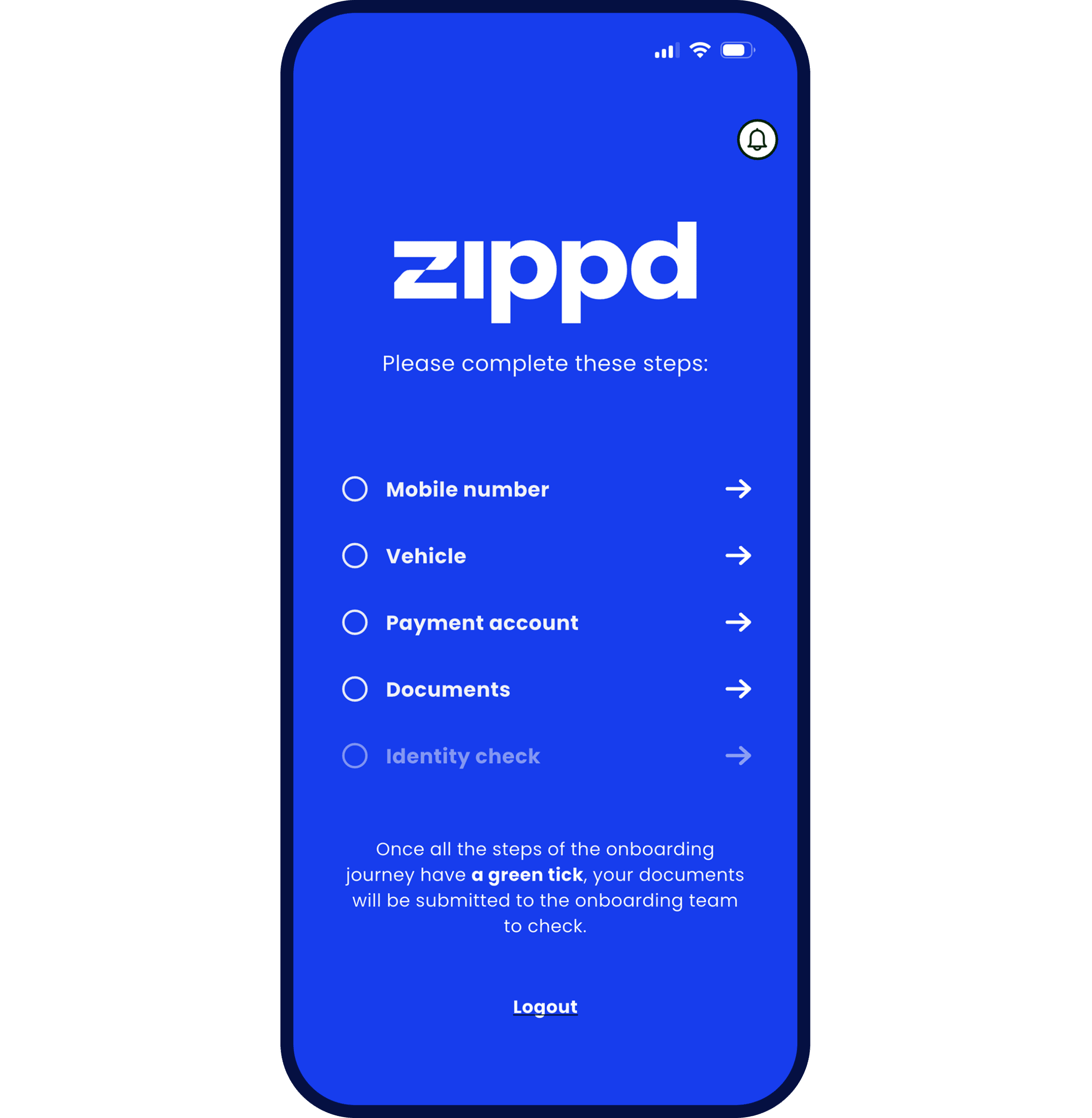 Driver onboarding checklist in the Zippd app showing what documents are required or missing