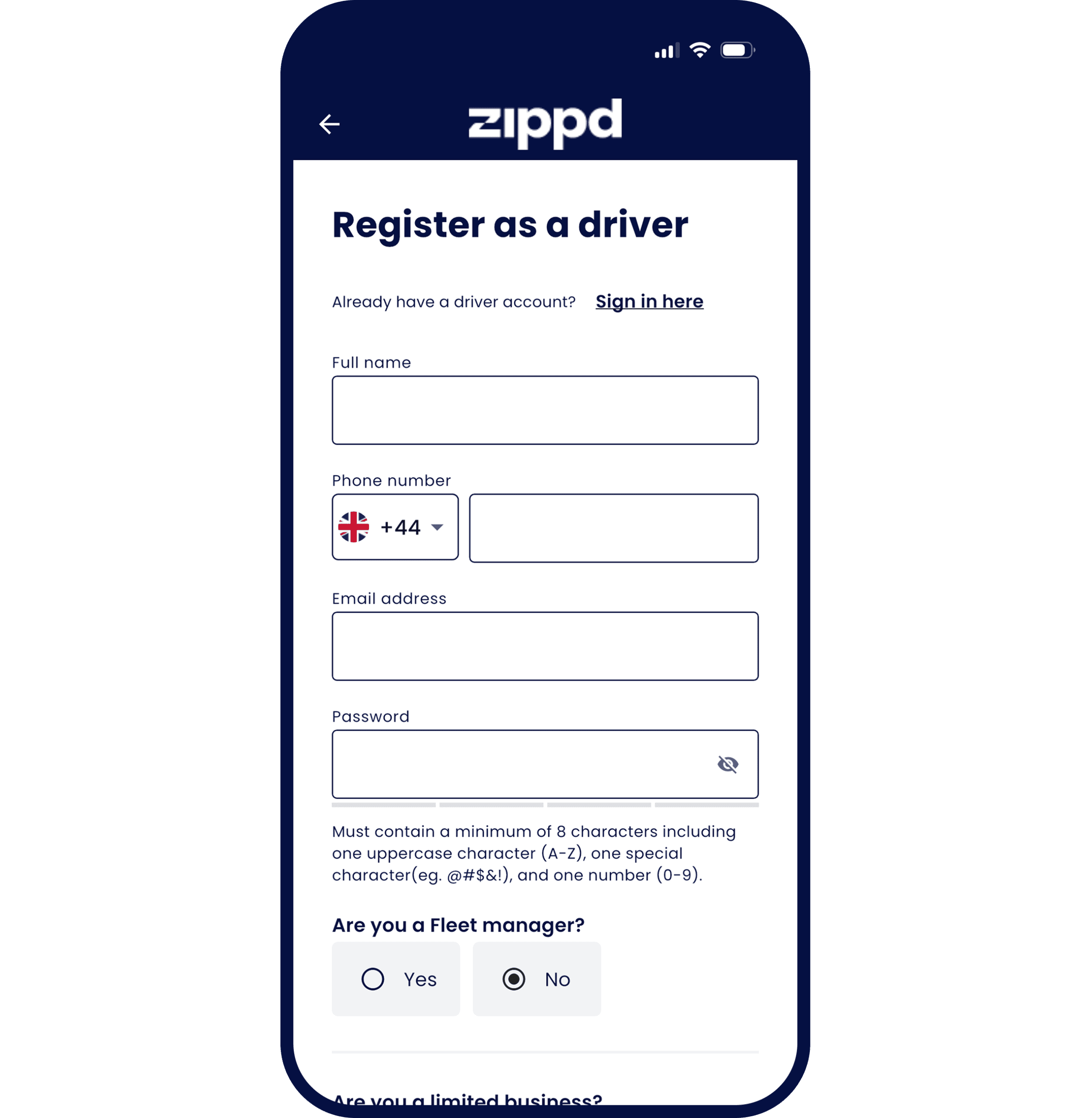 Driver registration form