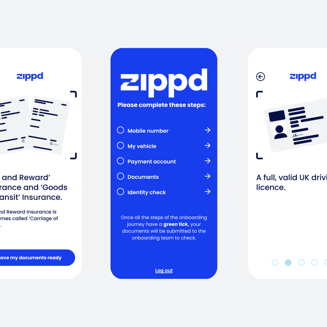 An image showing a number of screens of the driver onboarding within the Zippd app - highlighting the range of requirements that are checked during the vetting stage