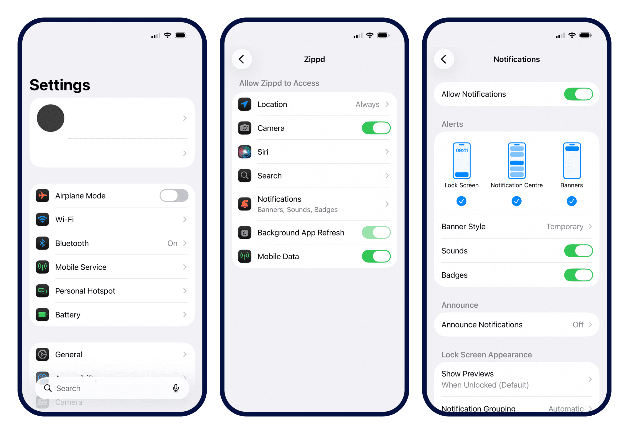 Mobile settings screen
