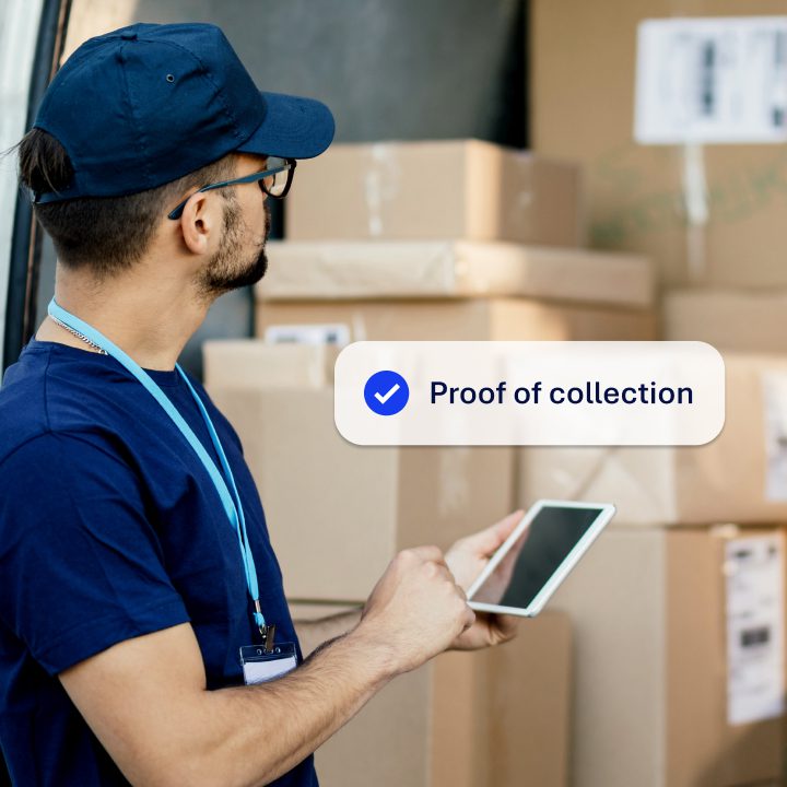 A male delivery driver stood in front of an open van filled with parcels. He is holding a mobile phone. The image show 'Proof of Collection' overlayed.